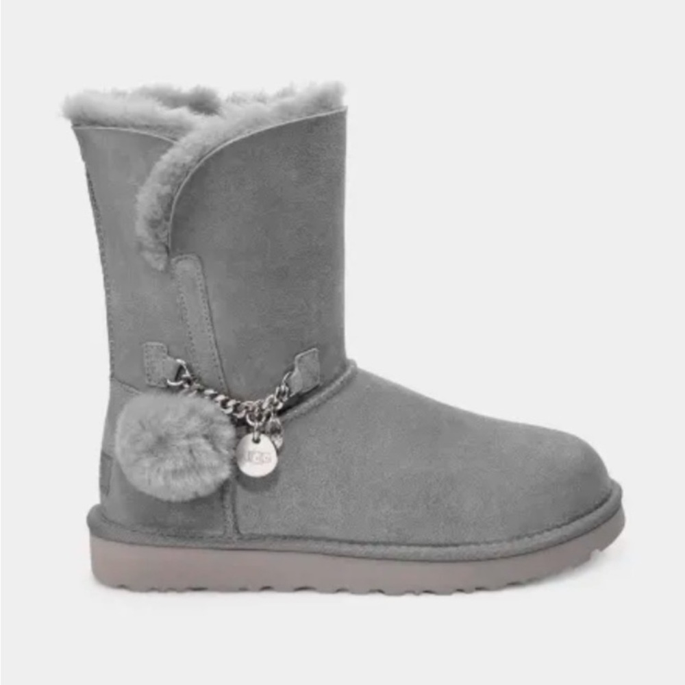 New UGG women’s classic short charm boots in light grey. NIB. Size 10